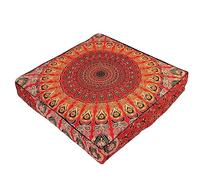 Red Hippie Square 35" Mandala Floor Cushion Cover for Meditation Cushion, Zipped Seating Decorative Bohemian Accent Boho Chic dog bed Indian Pouf Ottoman Handmade COVER ONLY (Peacock Red)