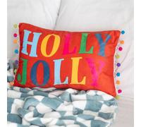 Red Holly Jolly Cushion With Pom Poms - Festive Christmas Decor