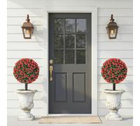 (Red) HOMCOM Artificial Rose Topiary, UV Resistant, 2-Pack, 55 cm