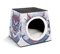 Red Horned Dragon Cat Bed for Indoor Cats - Foldable Cat & Dog House with Removable Cozy Cushion, Waterproof Oxford Washable Pet House for Small Pets 13.8" X 13.8" X 11.8"