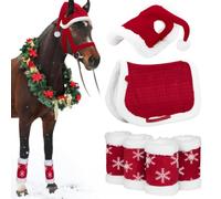 Red Horse Costume with Santa Hat, Leg Wraps and Saddle for Winter Holiday Parades