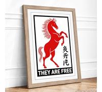 Red Horse Rising Graphic Framed Wall Art Print A3 Oak