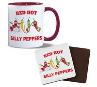 Red Hot 'Silly' Peppers | Funny Gift Idea Cup Tea Coffee | 11oz Red Inner/Handle Mug Set