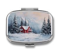 Red House in The Snow Winter Pill Box 2 Compartment Portable Medicine Pill Case Travel Pill Organizer for Pocket Purse