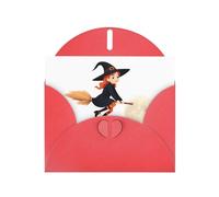 Red HYTTER Little witch riding a broom in the sky Prints Greeting Card for Christmas, Birthdays, and Anniversaries