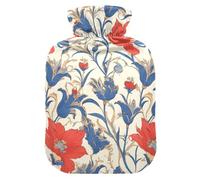Red Iris Flowers Blue Leaves Bohemian Style Water Bottle for hot Water with Soft Cover, 1L Water Bag for Sore Muscle, Period Cramps, compresas calientes para el vientre