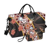 Red Japanese Vintage Cherry Blossom Ukiyo-e Travel Hand Bag Carry On Personal Item Bag Large Gym Bag with Toiletry Bag for Trekking Waterproof
