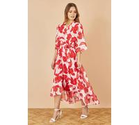 Red Kimono Sleeves Midi Dip Hem Wrap Midi Dress Yumi Red 10