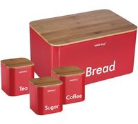 (Red) - Kinghoff 4 Piece Kitchen Storage Includes Bread Bin Tea Coffee Sugar Caddy Tins Containers Canister Storage Jars Pots Set (Red)