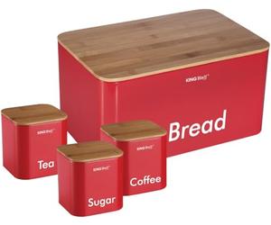 (Red) - Kinghoff 4 Piece Kitchen Storage Includes Bread Bin Tea Coffee Sugar Caddy Tins Containers Canister Storage Jars Pots Set (Red)