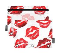 Red Kiss Marks White 3 Ring Binder Pencil Pouch Pen Pencil Bags with Zipper Pink School Clear Binders Pockets Kids 9.8" x 7.1", 2 Packs
