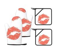 red kiss Printed Kitchen Oven Gloves and Potholder 4 Pcs, Non-Slip Heat Resistant Mitts for Baking Chef