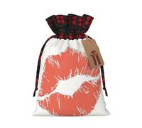 Red Kiss Printing Color Matching Plaid Christmas Bag With Drawstring,4.7x6.9 In For Christmas Halloween