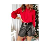 (red, L) Blouses Women Shirt Solid Lace Up Casual Slim Fit Full Sleeve Shirts Elegant Splice Simple Tops Round Neck Top Temperament