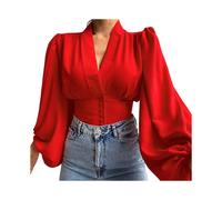 (Red, L) French Style Vintage Cropped Shirt Lantern Long Sleeve Irregular Geometry Print Office Women Shirt V-neck Waist Tight Shirt