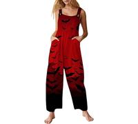 Red Ladies Halloween Jumpsuits Wide Leg Pumpkin Dungarees Plus Size Romper Skeleton Skull Print Sleeveless Loose Overalls Fashion Graphic Funny Themed Party Playsuits Costume