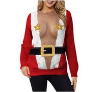 Red Ladies Xmas Jumpers Novelty Christmas Jumpers Long Tunic Tops Crewneck Sweatshirt Oversized Jumper Pullover Tops Rude Xmas Jumper Loose Sweatshirt Long Sleeve T Shirts