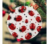 Red Ladybug Christmas Ceramic Ornaments with Gold String - 2.8 Inch Round Double-Sided Porcelain Xmas Tree Decor for Fireplace Mantel, Farmhouse Winter Holiday Hanging Ornaments