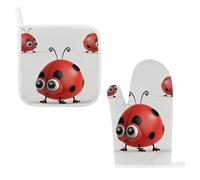 Red Ladybug Oven Mitts & Pot Holders Set - 2 Pcs Heat Resistant Oven Gloves with Hanging Loop, Kitchen Potholder for Cooking, Baking, BBQ, Microwave
