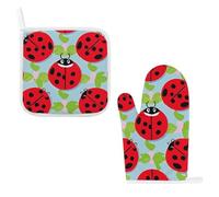 Red Ladybug Pattern Oven Mitts & Pot Holders Set - 2 Pcs Heat Resistant Oven Gloves with Hanging Loop, Kitchen Potholder for Cooking, Baking, BBQ, Microwave