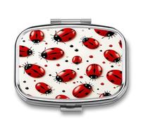 Red Ladybug Pill Box 2-Compartment Portable Pill Case Square Metal Medication Organizer Small Weekly Medication Case with Mirror Stylish Vitamin Holder for Purse Pocket Travel
