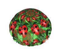 Red Ladybug Print Shower Cap - Reusable, Double Layer, Hotel Travel Essentials, Salon Shower Hat Accessories L