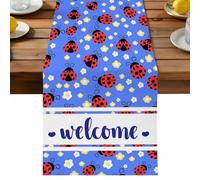 Red Ladybug Table Runner, Welcome Insects Yellow Daisy Floral Pastoral Style Blue Cotton and Table Linen Runner for Kitchen Dining Home Decor for Party Festival Holiday Decoration Gift 13x90in