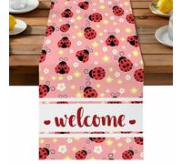 Red Ladybug Table Runner, Welcome Insects Yellow Daisy Floral Pastoral Style Pink Cotton and Table Linen Runner for Kitchen Dining Home Decor for Party Festival Holiday Decoration Gift 13x48in