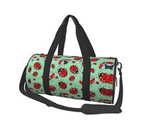 Red Ladybugs On A Blue Background Large Round Travel Duffle Bag, Full-Print Canvas Weekender with Padded Lining, Multiple Pockets,Detachable Shoulder Strap and Soft Leather Handles