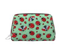 Red Ladybugs On A Blue Background Print Leather Cosmetic Pouch, Leather Makeup Bag for Purse with Top Zip Closure Stylish Toiletry Bag