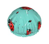 Red Ladybugs On A Blue Background Printed Double Layer Lined Shower Cap,Shower Caps For Women Reusable