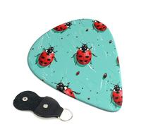 Red Ladybugs On A Blue Background Printed Guitar Picks, 6 Pack with Leather Keychain Pick Holder - 0.46mm, 0.71mm, 0.96mm Assorted Thickness for Acoustic Ukulele, Electric Guitar
