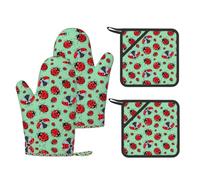 Red Ladybugs On A Blue Background Printed Kitchen Set with Heat Resistant Oven Mitts & Non-Slip Pot Holders for Baking Grilling