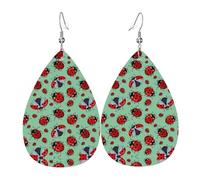 Red Ladybugs On A Blue Background Printed Teardrop Pendant Leather Earrings | Lightweight and Versatile Earrings | Suitable for Daily Commute and Date Wear