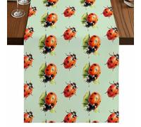 Red Ladybugs Table Runner, Vines Leaves Spring Plant Watercolor Inset Green Cotton and Table Linen Runner for Kitchen Dining Home Decor for Party Festival Holiday Decoration Gift 16x72in