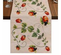 Red Ladybugs Table Runner, Vines Leaves Spring Plants Watercolor Cotton and Table Linen Runner for Kitchen Dining Home Decor for Party Festival Holiday Decoration Gift 13x36in