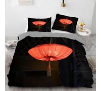 Red Lantern Single Duvet Cover Set Oriental Theme Bedding 135x200 3D Soft Comfort Microfiber Quilt Cover with Zipper Closure and 2 Pillowcases for Kids Teenager P.106