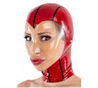 Red Latex Hood Transparent Rubber Head Mask Open Eyes Mouth Handmade Back Zipper Cosplay Club Wear Costume(Size:S-63CM)