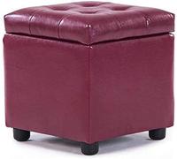 Red Leather Foot Stool Ottoman Upholstered Cube Pouf Footrest Solid Wood Square Pouffe Small Bench for Living Room Coffee Table 14x14x14 inch 35x35x35 cm