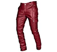Red Leather Trousers Men - Motorcycle Combat Cargo Military Tactical Jogging Bottoms Safety Work Trousers with Pockets Tracksuit Pants Night Club Metallic Gold Suit Pants/Straight Leg Trousers