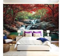 Red Leaves Photo Wallpaper 3D Effect Forest Autumn Stream Mural Wallpaper Non-Woven Wall Mural, 350 x 256 cm Large Murals Wall Decor for Bedroom, Living Room, Kids Room