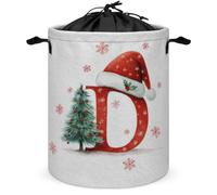 Red Letter D Wearing Santa Hat Laundry Basket Laundry Hamper Round Collapsible Drawstring Clothes Hamper for Bedroom Bathroom