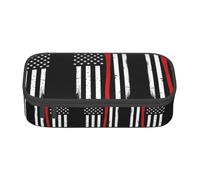 Red Line Firefighter USA Flag Large Capacity Pencil Case Stationery Storage Bag with Zipper Boys Girls Students School