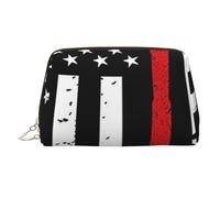 Red Line Firefighter USA Flag Printed Makeup Bag for Women Portable Leather Make up Bag Travel Gold Zipper Cosmetic Bags Organizer