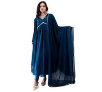 Red Lion Enterprise Women's Alia & Nayra Cut Anarkali Kurti Set with Pant & Dupatta - 3pc, Blue, XL