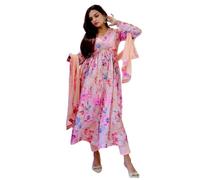 Red Lion Enterprise Women's Alia & Nayra Cut Anarkali Kurti with Pant & Dupatta 3pc Set, Peach, Medium