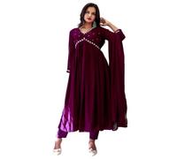 Red Lion Enterprise Women's Alia & Nayra Cut Anarkali Kurti with Pant & Dupatta 3pc Set, Wine, Small, Wine, S
