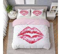 Red Lip Heart Duvet Cover Set Red, Quilt Cover Bedding Set in Microfibre with Pillowcases, Abstract, Reversible, Smooth Feel, Easy Wash, Single 140 X 200 cm, All Season