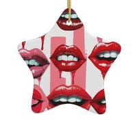 Red Lips Collection Christmas Ceramic Star Ornament with Hanging Cord, Double-Sided Print Hanging Decoration for Home & Tree
