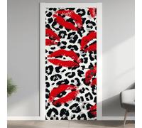 Red Lips Door Murals, Black Leopard Print Door Stickers Interior Wall Mural, Sexy Lips Wallpaper Self Adhesive Vinyl Door Decals, for Living Room Bedroom Bathroom Decor, 90x200 cm